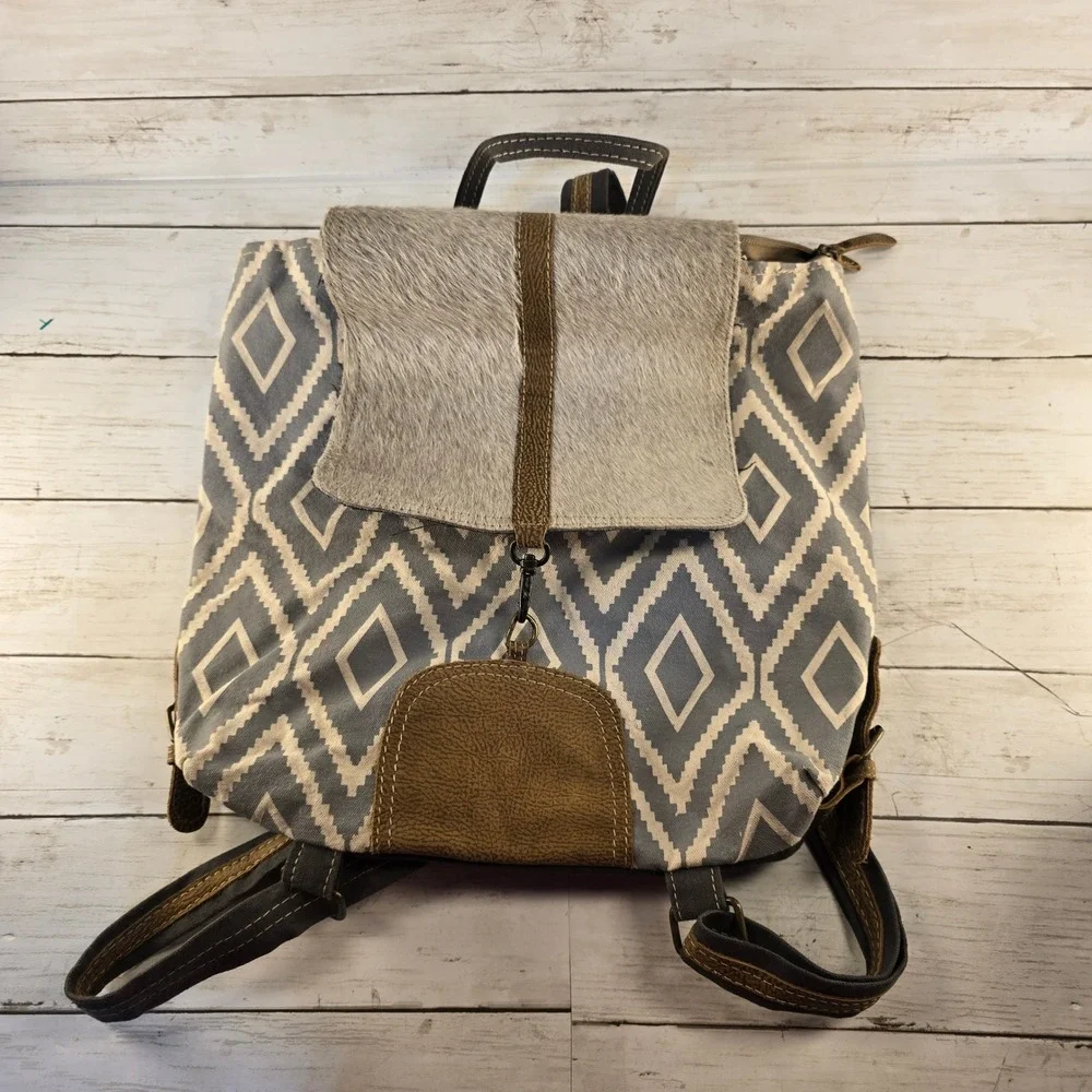 Myra Bag Canvas and Hair-on-Hide Leather Backpack Geometric Diamond Gray Brown